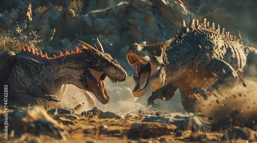 Witness an epic battle between a Tyrannosaurus Rex dinosaur and a dragon in this photorealistic high-resolution image. Ideal for creative  epic  branding  gaming or fantasy-themed projects