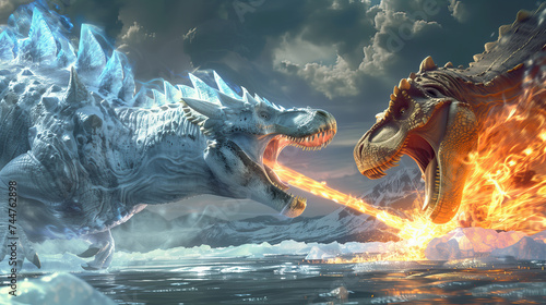 Witness an epic battle between a Tyrannosaurus Rex dinosaur and a dragon in this photorealistic high-resolution image. Ideal for creative, epic, branding, gaming or fantasy-themed projects photo