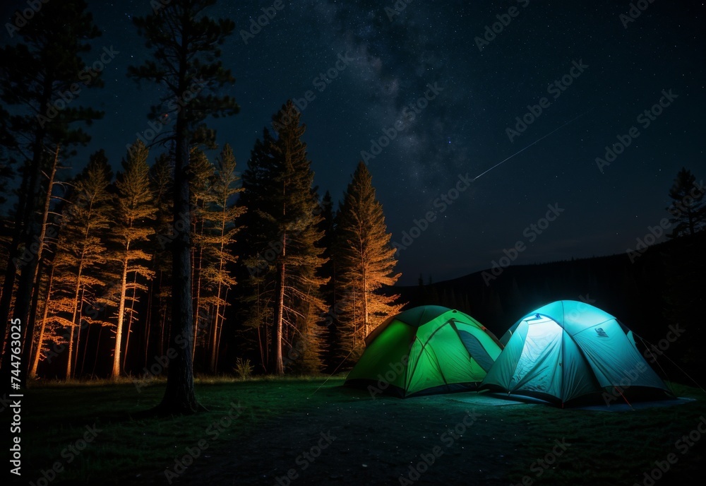 Relaxing in a tent under the stars in the forest.  