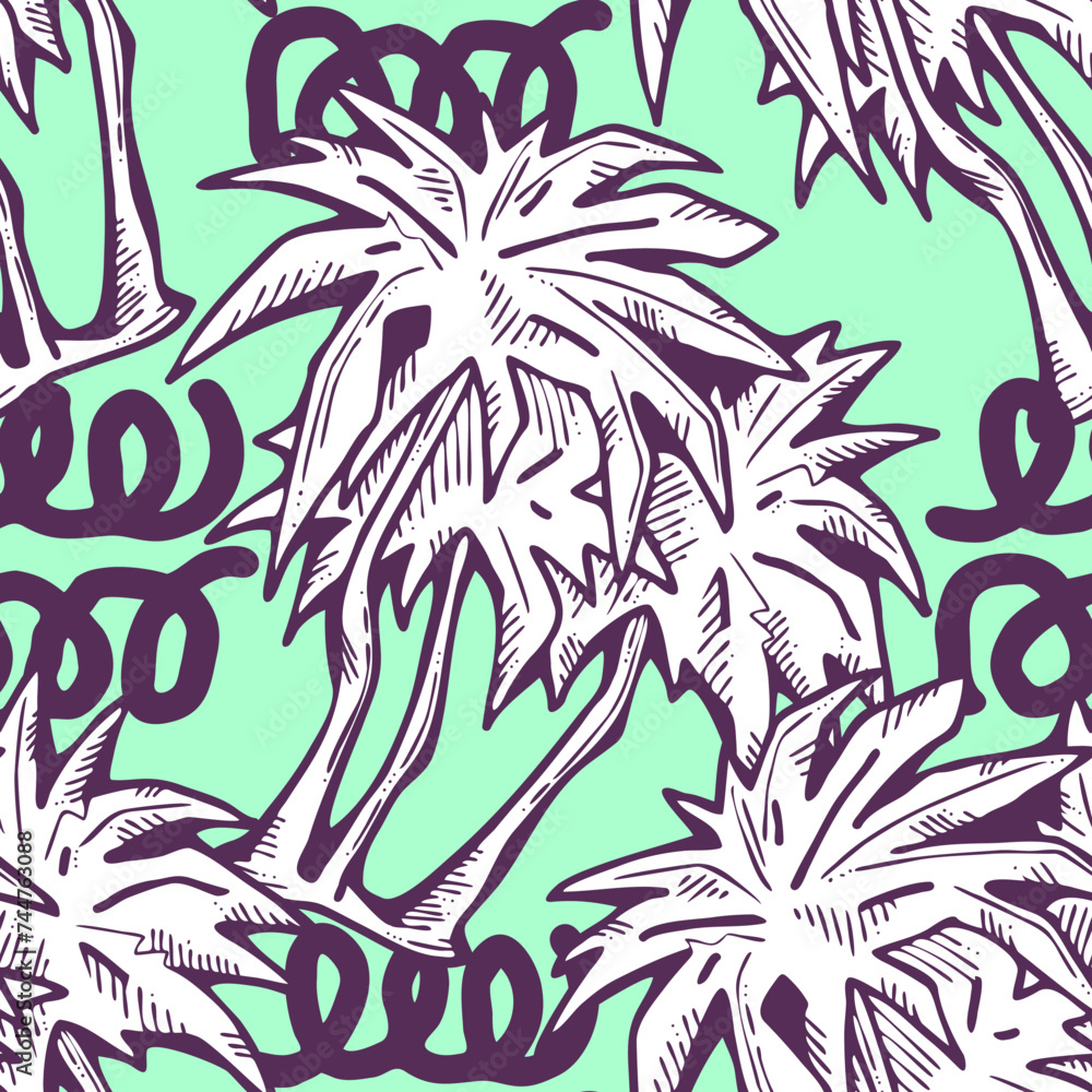 Tropical seamless vector pattern with palm leaves and tree. Holiday ...