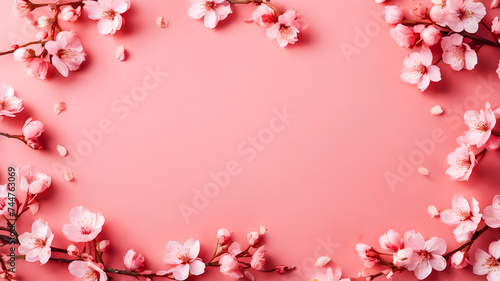 Flowers composition. Frame made of sakura flowers on pink background. Flat lay, top view, copy space