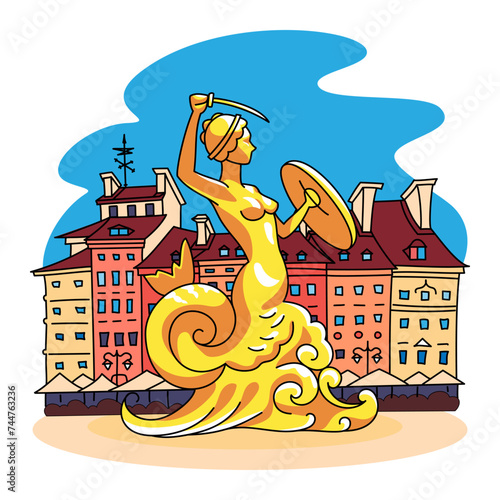 Vector color icon Syrenka or Mermaid of Warsaw, Old Town Market Square, Poland. Polish landmark set
