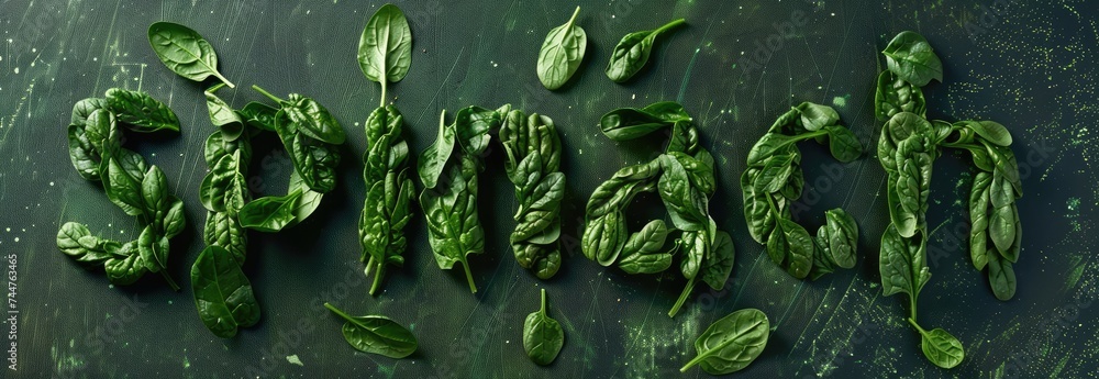 The word "spinach" is made up of spinach leaves forming letters. Dark green background. - obrazy, fototapety, plakaty 