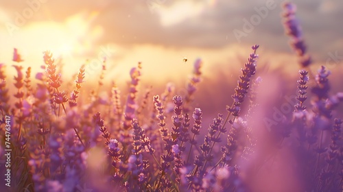 A sun-drenched field of lavender stretching out towards the horizon, its vibrant purple blooms dancing in the breeze. Bees flit from flower to flower, collecting nectar to make their sweet honey. 