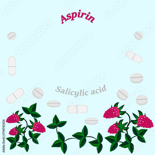 ripe berries and raspberry leaves and falling aspirin tablets