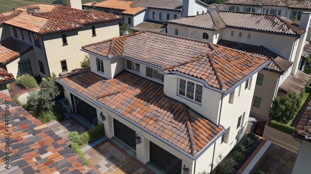 various types of roofs with overlays illustrating measurements, materials, and potential repair areas.