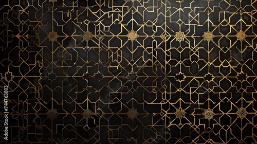 Black background adorned with an intricate geometric wallpaper pattern, adding depth and visual interest to the scene