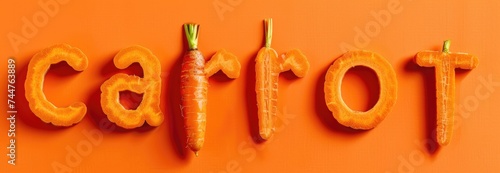 The word "carrot" made of fresh pieces of carrot in the shape of a letter. Orange background © Stefan95