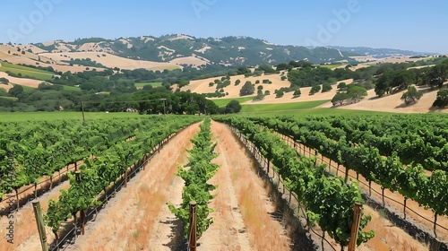 A sun-drenched vineyard nestled in the rolling hills of wine country  where rows of grapevines stretch towards the horizon in neat  orderly rows. The air is alive with the sounds of buzzing insects 