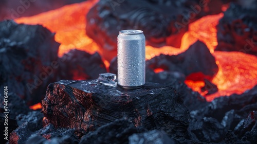 Chilled Beverage Can on Lava Rocks with Fiery Magma Background Product Mockup Concept