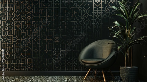 Black background adorned with an intricate geometric wallpaper pattern, adding depth and visual interest to the scene