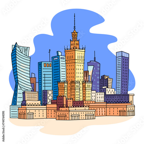 Vector color icon of Palace of Culture and Science in Warsaw, Poland. Polish landmark set photo