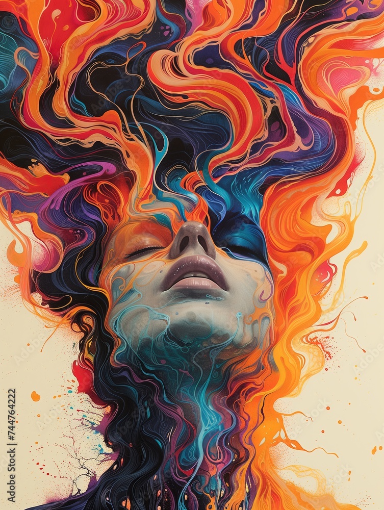 Painting of a Woman's Head Exploding with Red, Orange, Blue Paint - Mental Health Imagery