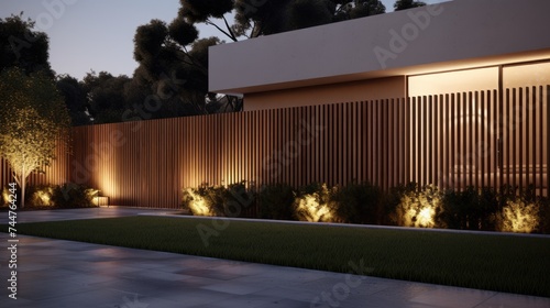 a modern fence surrounding an architecturally striking house, bathed in perfect cinematic light, ideal for commercial use. photo