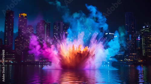 Colored powder explosion against a backdrop of city lights  creating a dynamic contrast