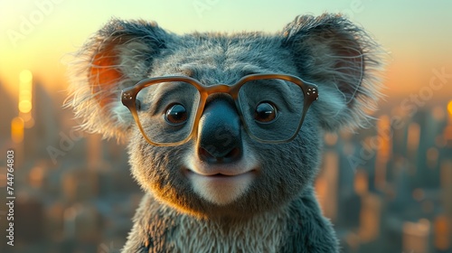 An endearing cartoon koala sporting oversized glasses, giving it an extra dose of cuteness as it g