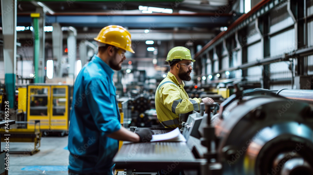 Workers and consultants in a factory in the industrial asset management. Workers and consultants in a factory in the industrial asset management.