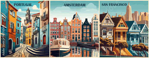 Set of Travel Destination Posters in retro style. Portugal, Amsterdam, Netherlands, San Francisco, USA prints. International summer vacation, holidays concept. Vintage vector colorful illustrations. photo