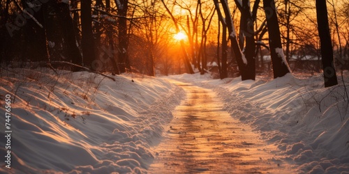 The sun dips below the horizon, casting a warm glow over a snowy path