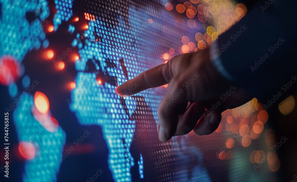 Strategic Global Investments: Finger Pointing on World Map Screen Strategic Global Investments: Finger Pointing on World Map Screen