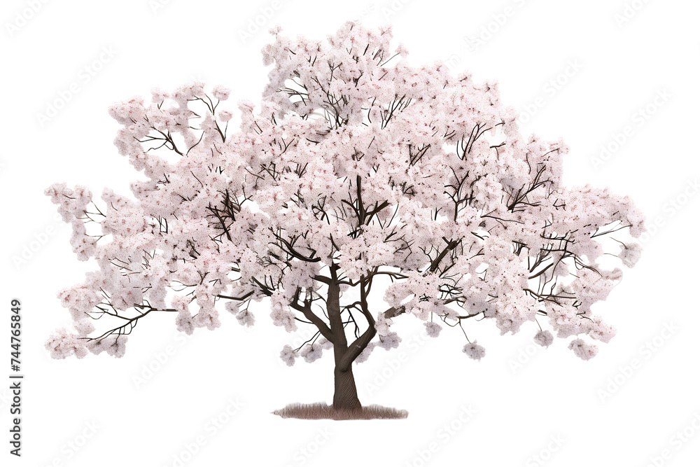 Cherry Blossom Tree in Full Bloom Isolated on White Background
