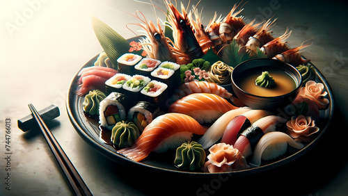 A vibrant display of sushi, featuring a variety of freshly prepared fish and rolled delights
