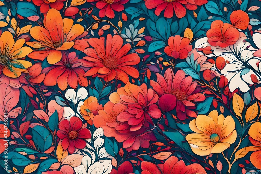 An eye-catching illustration capturing the vivid interaction of liquid hues against a sleek, modern canvas, with subtle flower motifs adding a delightful touch to the overall composition - obrazy, fototapety, plakaty 
