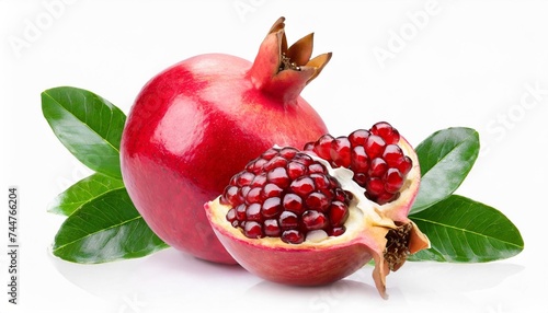 fresh ripe pomegranate with leaves isolated on transparent background
