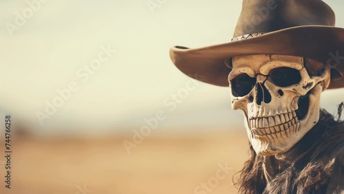 A skeleton dressed in western attire. Perfect for Halloween decorations. photo