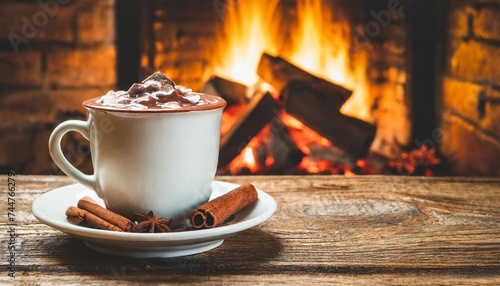 hot chocolate in a mug on wooden table with cozy fireplace flame on the background