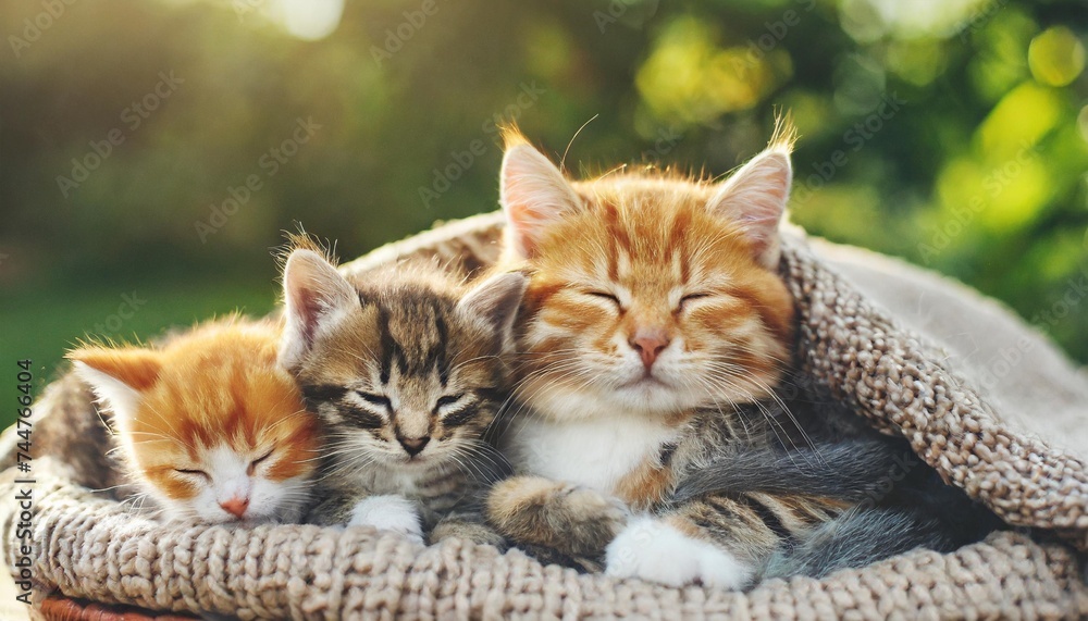 a cat with kittens sleeping cute little pets wrapped in a warm blanket a family of animals feline babies