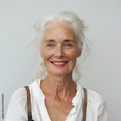Serene Elegance  Portrait of a Joyful Swiss Lady with White Hair