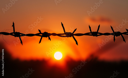 Silhouette of Barbed Wire Against Sunset