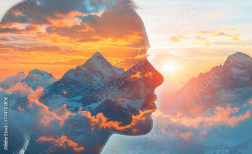 Elevated Unity: Woman's Face Over Sunset Mountains in Double Exposure