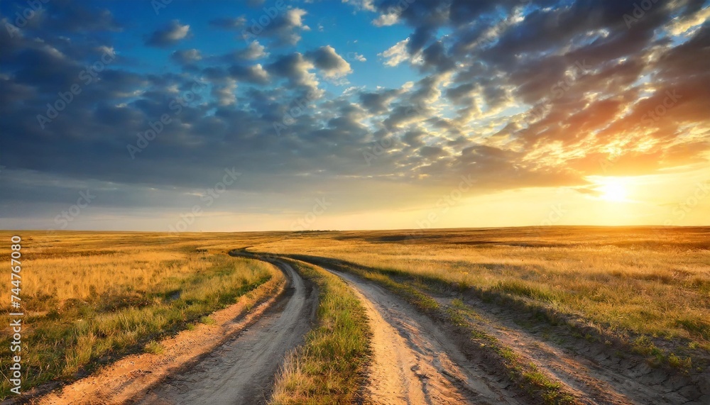 fork roads in steppe on sunset sky background