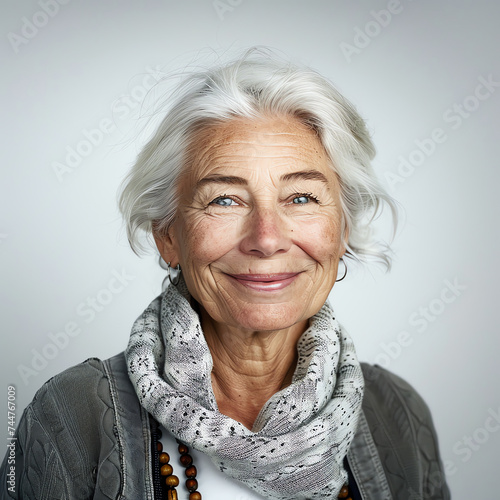 Serene Elegance: Portrait of a Joyful Swiss Lady with White Hair