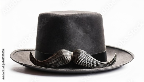 ancient bowler hat with black curly moustache isolated on white photo