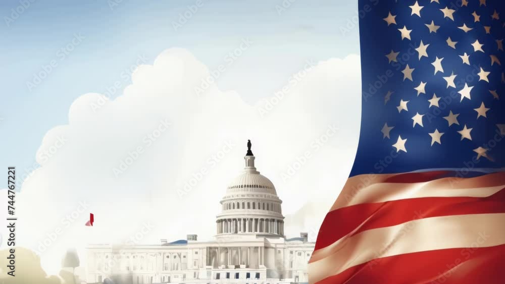 custom made wallpaper toronto digitalAmerican flag waving in front of a building, suitable for patriotic themes.