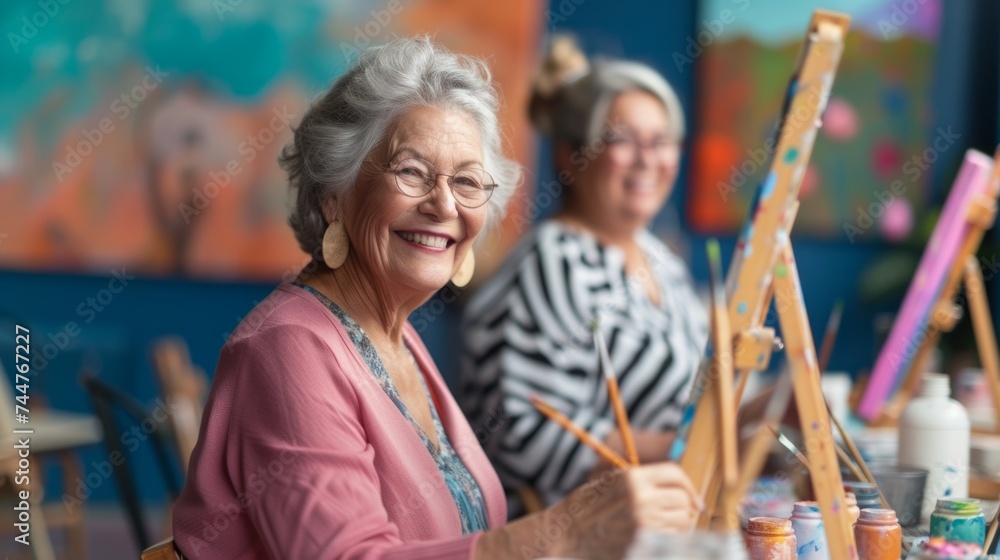 Portrait Of Senior Female Artist Working On Painting In Studio Portrait Of Senior Female Artist Working On Painting In Studio