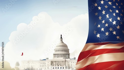 Wallpaper Mural American flag waving in front of a building, suitable for patriotic themes. Torontodigital.ca