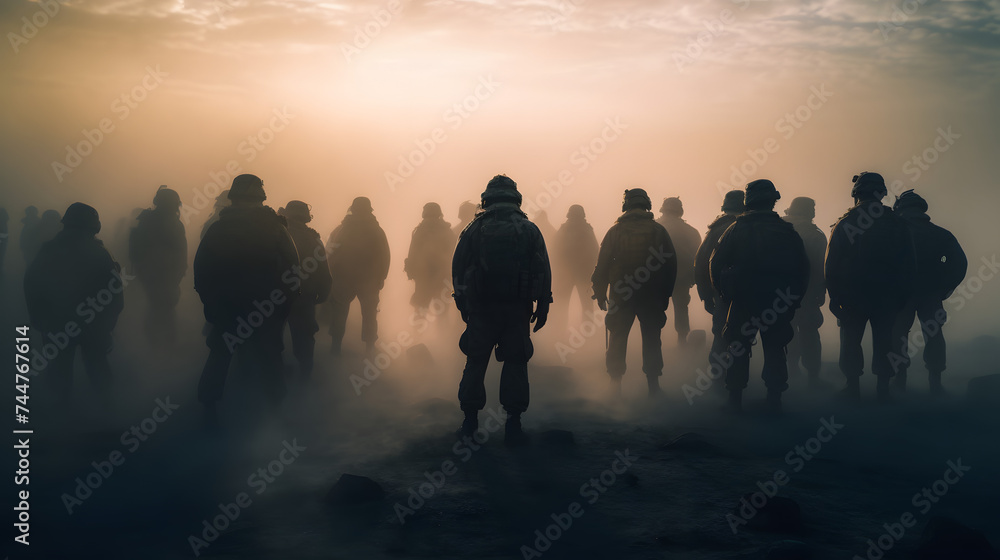  a large group of soldiers stand in the fog at sunset