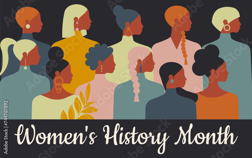 Women's History Month. Women of different ages, nationalities and religions gather together against a black background. Vector.