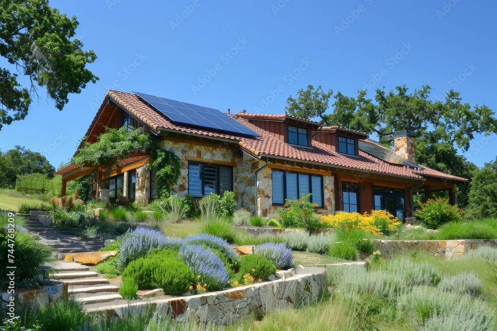 Renewable Energy Home: Photograph a home with solar panels or other renewable energy features, demonstrating sustainable living practices