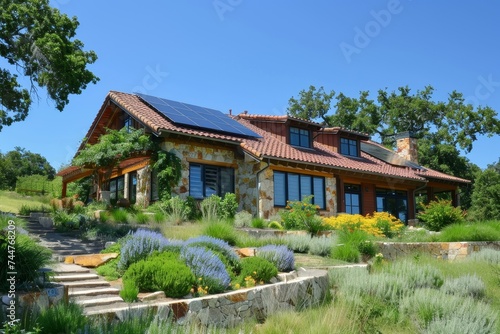 Renewable Energy Home  Photograph a home with solar panels or other renewable energy features  demonstrating sustainable living practices