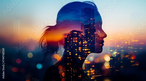 Creative Double Exposure of Woman's Profile with Bustling City Night Lights photo