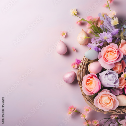 Romantic concept for Easter celebration with pastel eggs and fresh spring flowers, on light background with empty space for text message, or invitation card.