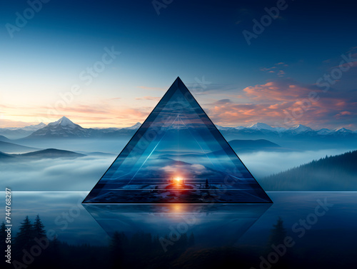 Futuristic Glass Pyramid Reflecting Clouds and Landscape, created with Generative AI technology