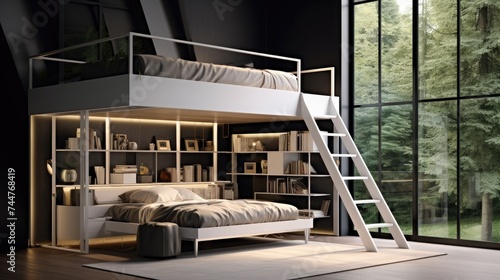a futurist minimalist loft bed seamlessly integrated into a modern living space, emphasizing its high-quality craftsmanship and perfect fit within the frame of contemporary design. © lililia