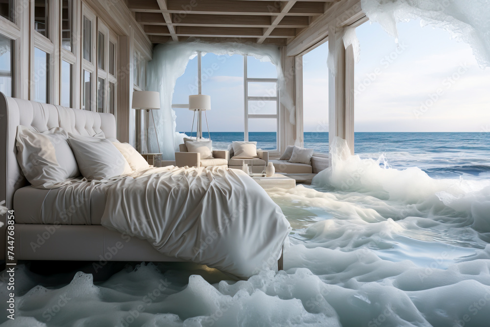 Surreal Bedroom Flooded by Ocean Waves, created with Generative AI technology
