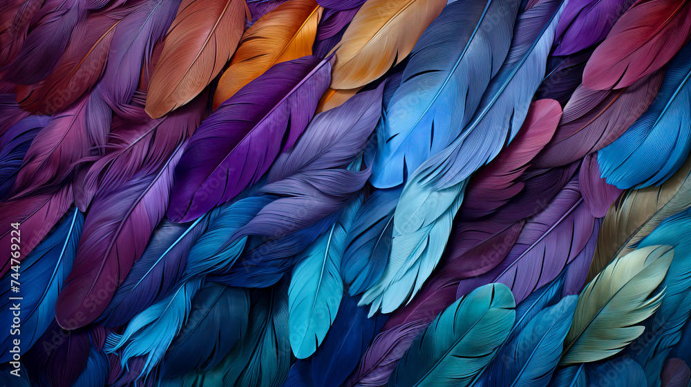 Fototapeta premium Vibrant Feather Texture in Blue and Orange Hues, created with Generative AI technology